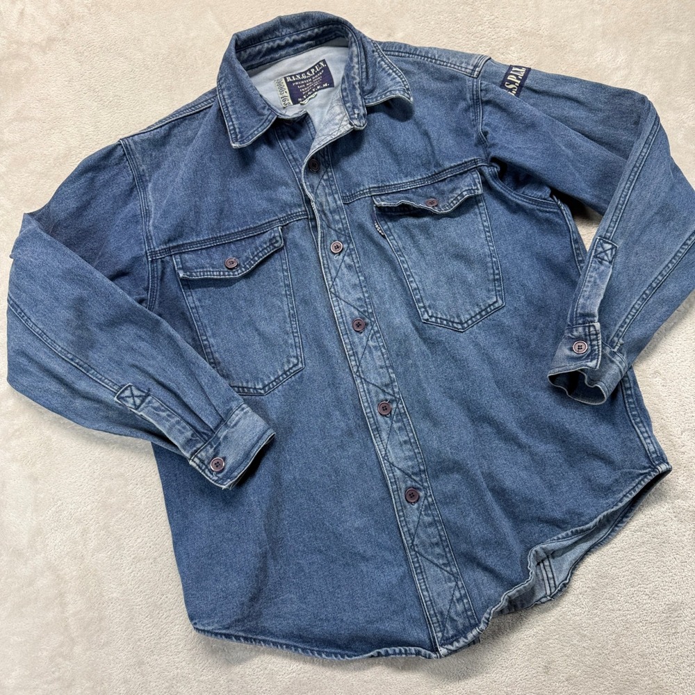 VTG Ringspun Denim Jacket Men M Blue Stone Washed Industrial Utility Long Sleeve